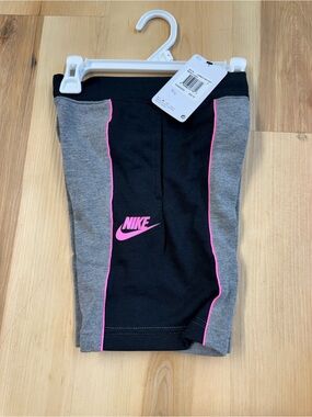 Nike Girls Black & Gray Leggings with Pink Logo Trim